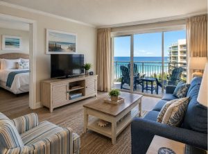 Luxury oceanfront timeshare condo with modern living room and private balcony overlooking the beach.